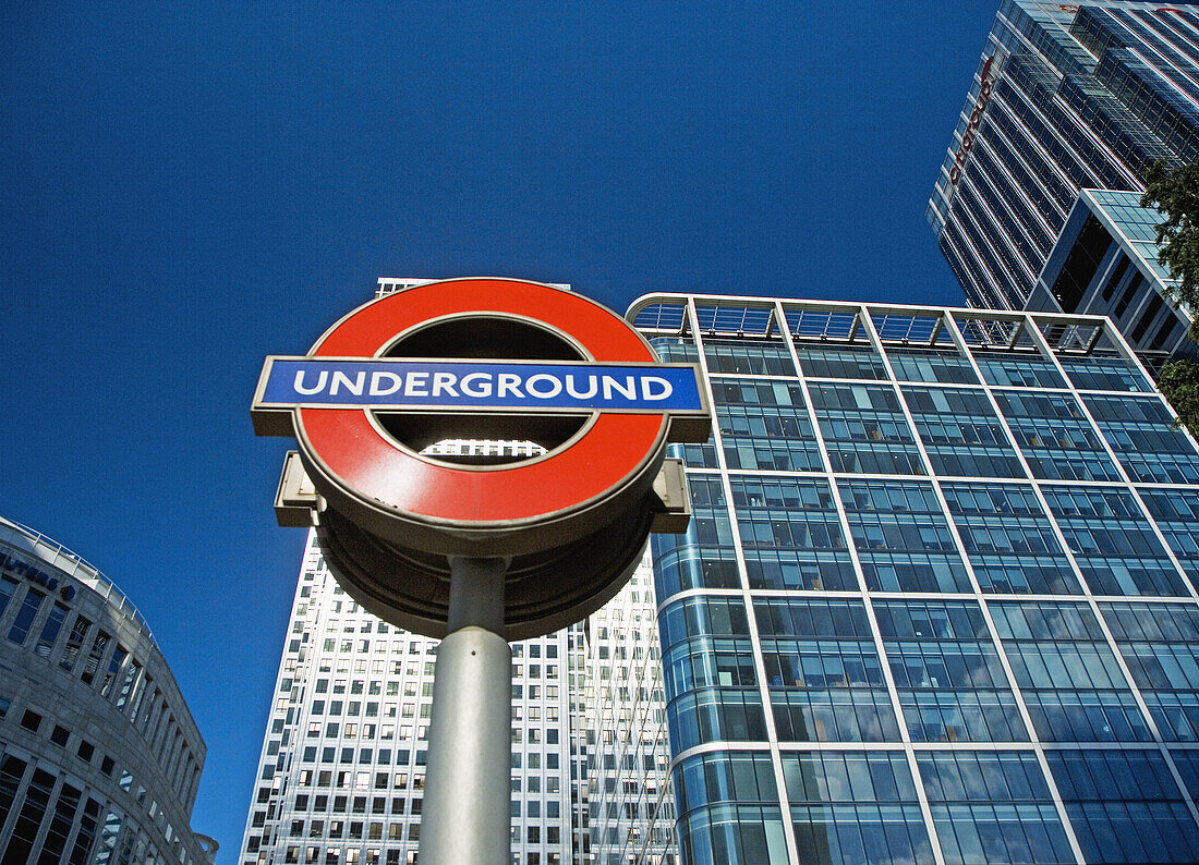 Underground station sign. Canary Wharfe. London. England, UK.