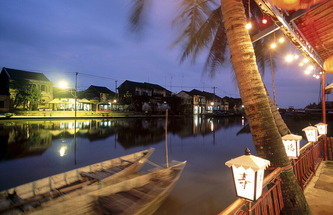 Seafood restaurants at the Thu Bon riverfront. Hoy An. Vietnam