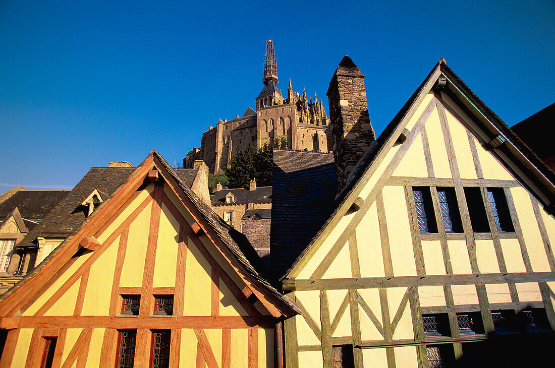 Mont St. Michel, half timbered houses seen from the ramparts. Normandy. France
