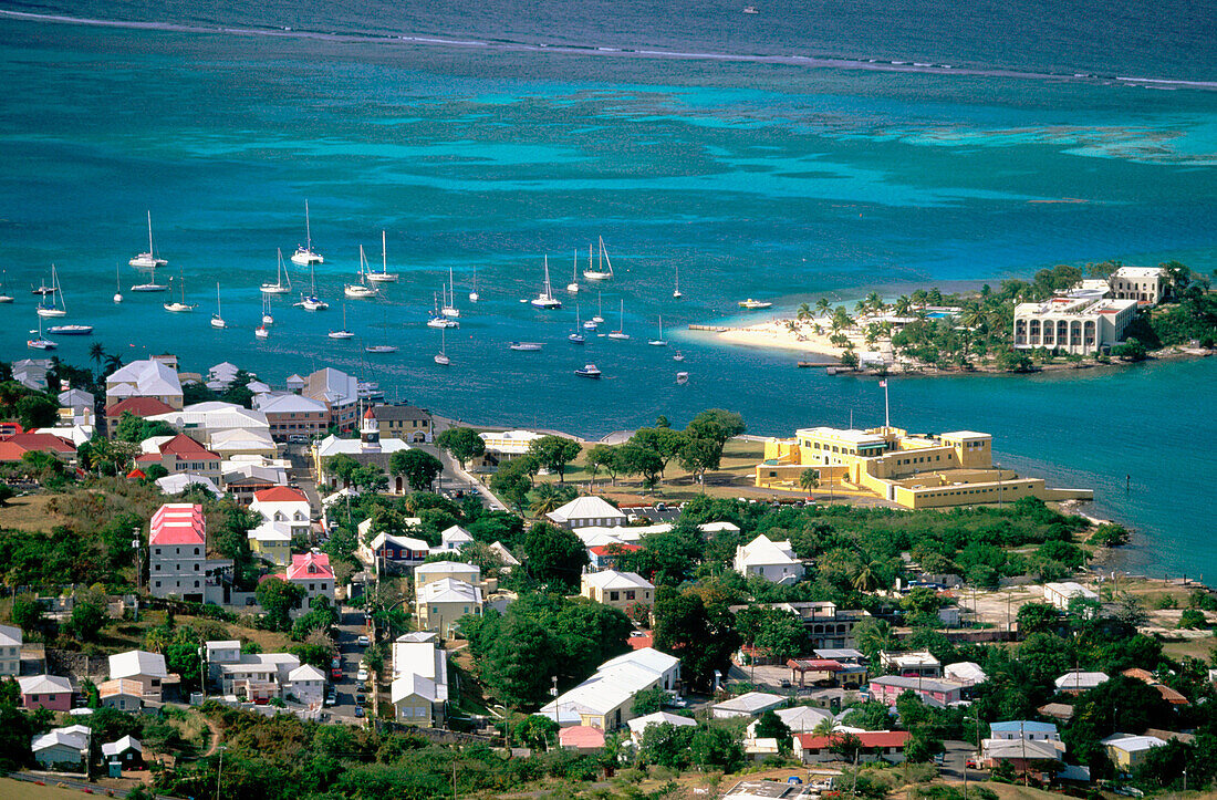 Aerial view of Christiansted and Christiansvaern Fortress. Saint Croix Island. U.S. Virgin Islands