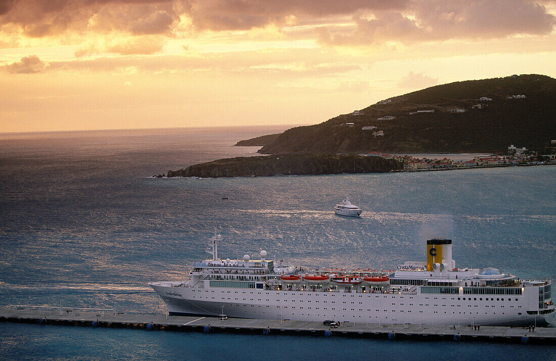 Cruiseship at sunset from Point Blanche. Philipsburg. Sint Maarten. Netherlands Antilles