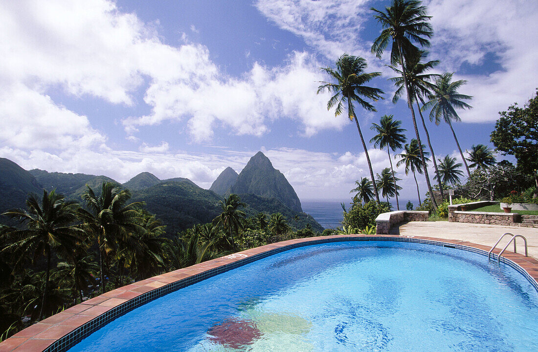 Morning view of The Pitons from La Haut Plantation Hotel. Soufriere. Santa Lucia. West Indies. Caribbean