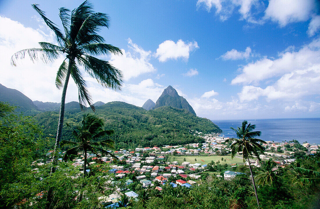 View of The Pitons from the northeast. Soufriere. Santa Lucia. West Indies. Caribbean