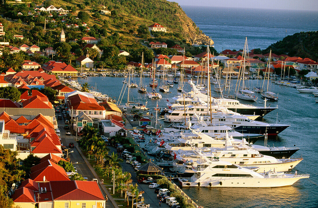 Yacht harbour. View from Fort Gustave. St. Barthelemy. Gustavia. French West Indies. Caribbean