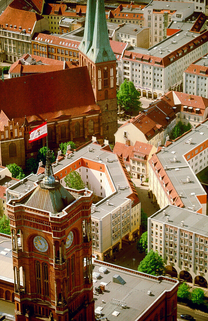 Rotes Rathaus (City Hall) and Nikolaikirche (oldest church in Berlin) in Alexanderplatz. View from the Television Tower. Germany