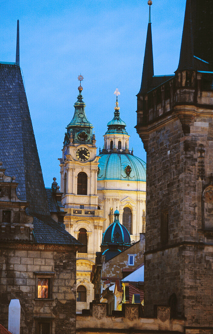 Church of Saint Nicholas at dawn from Charles Bridge. Prague. Czech Republic