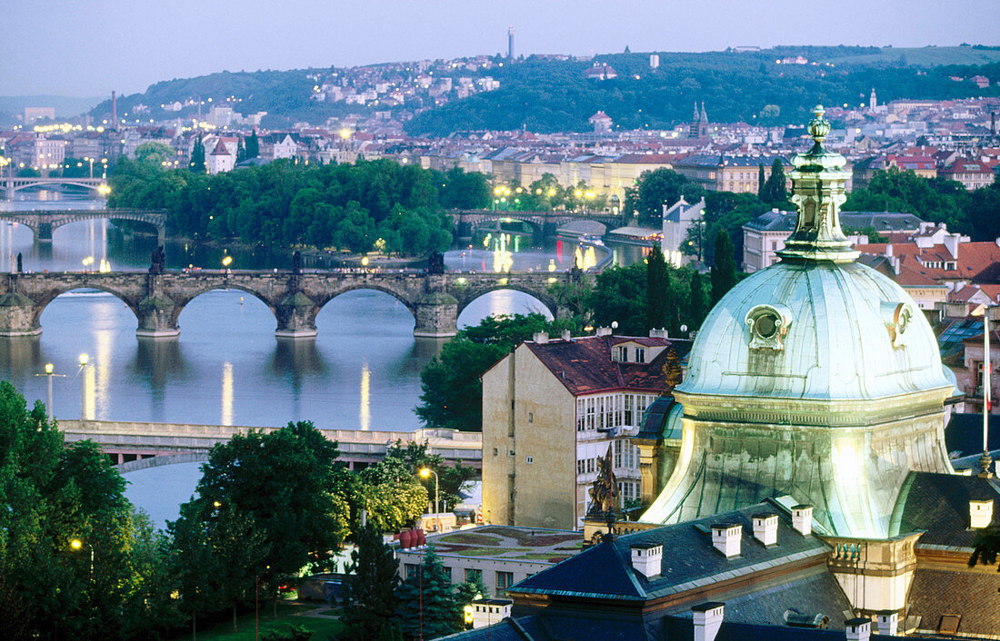 Bridges over Vltrava River and view of Mala Strana. Prague. Czech Republic