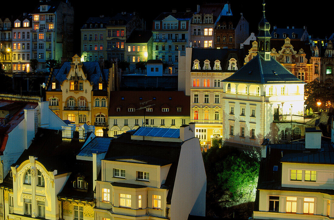 Zamecka Vez (Castle Tower) at night. Karlovy Vary (former Carlsbad). Czech Republic