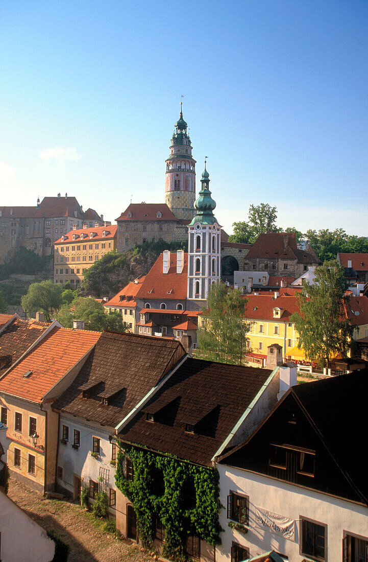 View of the Round Tower and the St. Jost Church. Cesky Krumlov. South Bohemia. Czech Republic