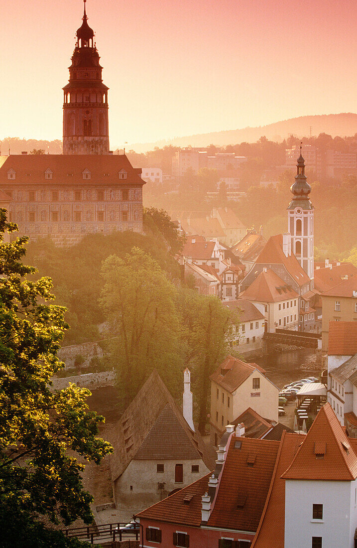 View of the Round Tower and the St. Jost Church at dawn. Cesky Krumlov. South Bohemia. Czech Republic