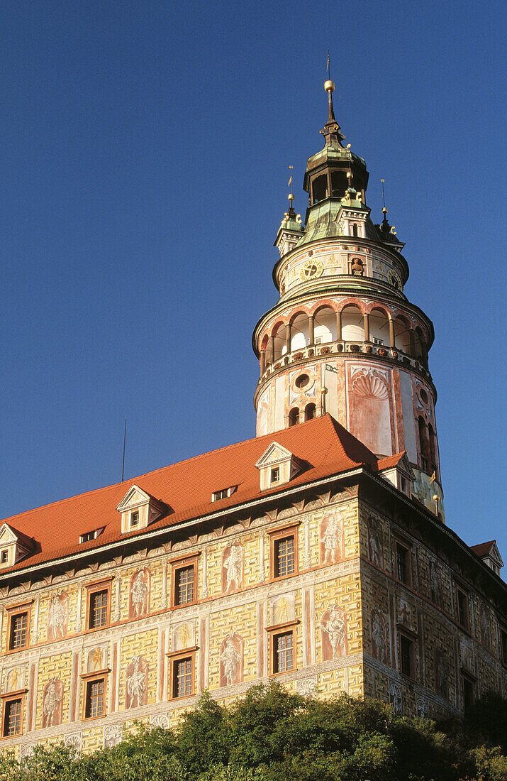 Round tower. Krumlov Castle (painted 1590). Cesky Krumlov. South Bohemia. Czech Republic