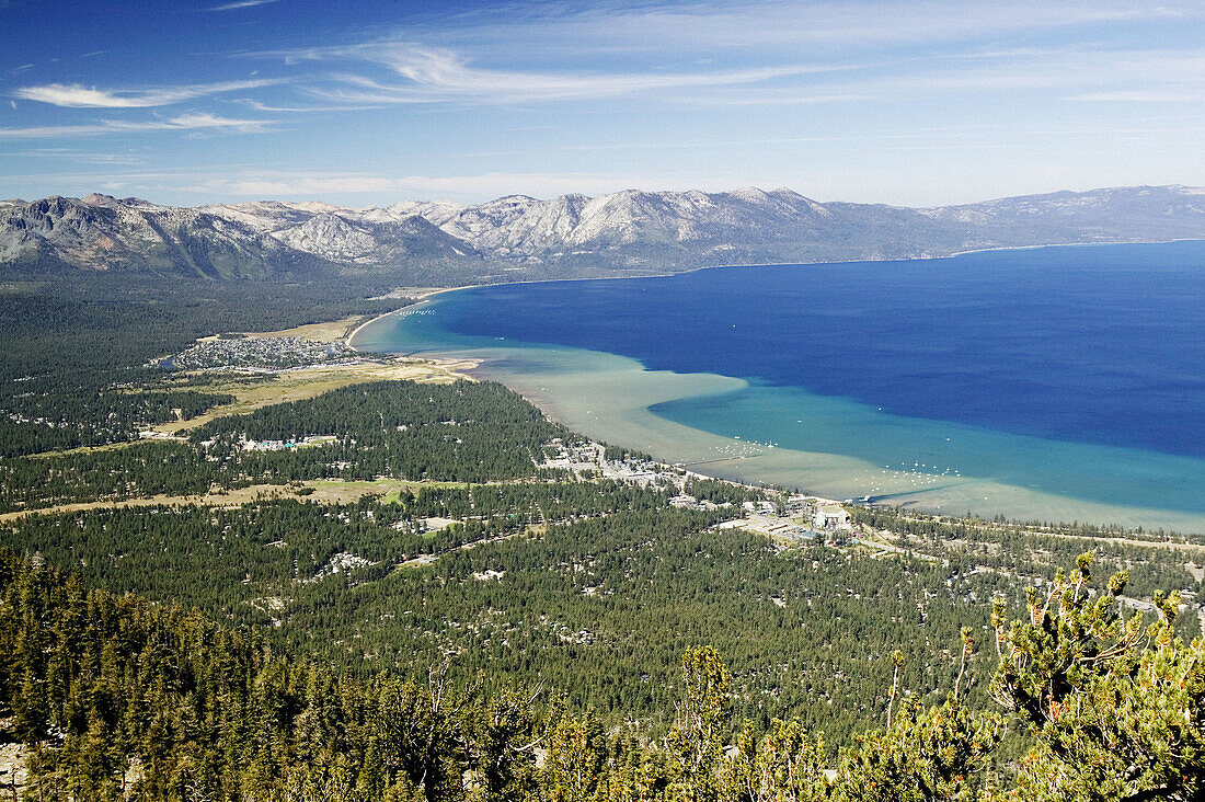 View of Stateline and South Lake Tahoe from Heavenly Mountain. Nevada, USA