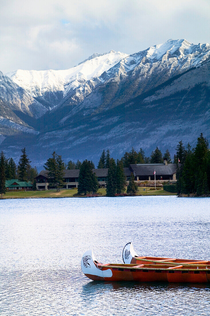 Indian canoes in front of Jasper Park lodge, Lac Beauvert. Jasper National Park. Alberta, Canada