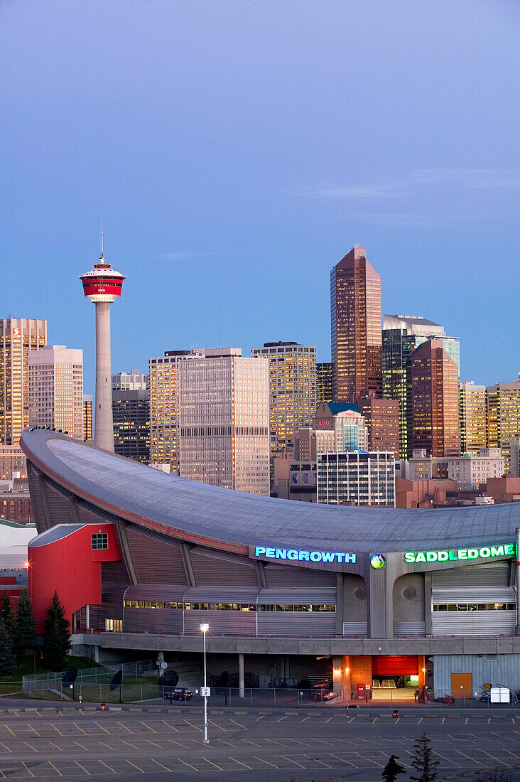 City skyline with Saddledome from Ramsay area at dawn. Calgary. Alberta, Canada