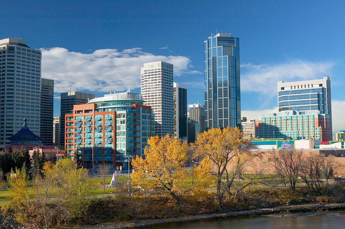 View of Eau Claire Market area by Bow River, downtown Calgary. Alberta, Canada