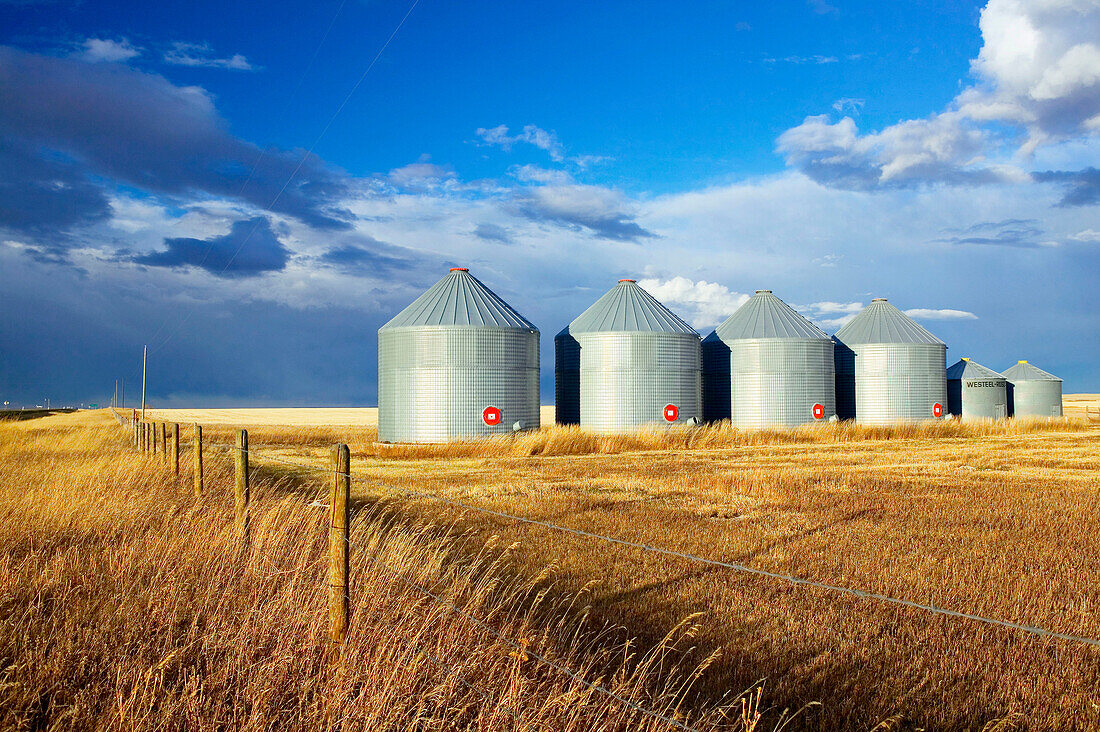 Grain silos, landscape with dramatic sky. Stand Off. Alberta, Canada
