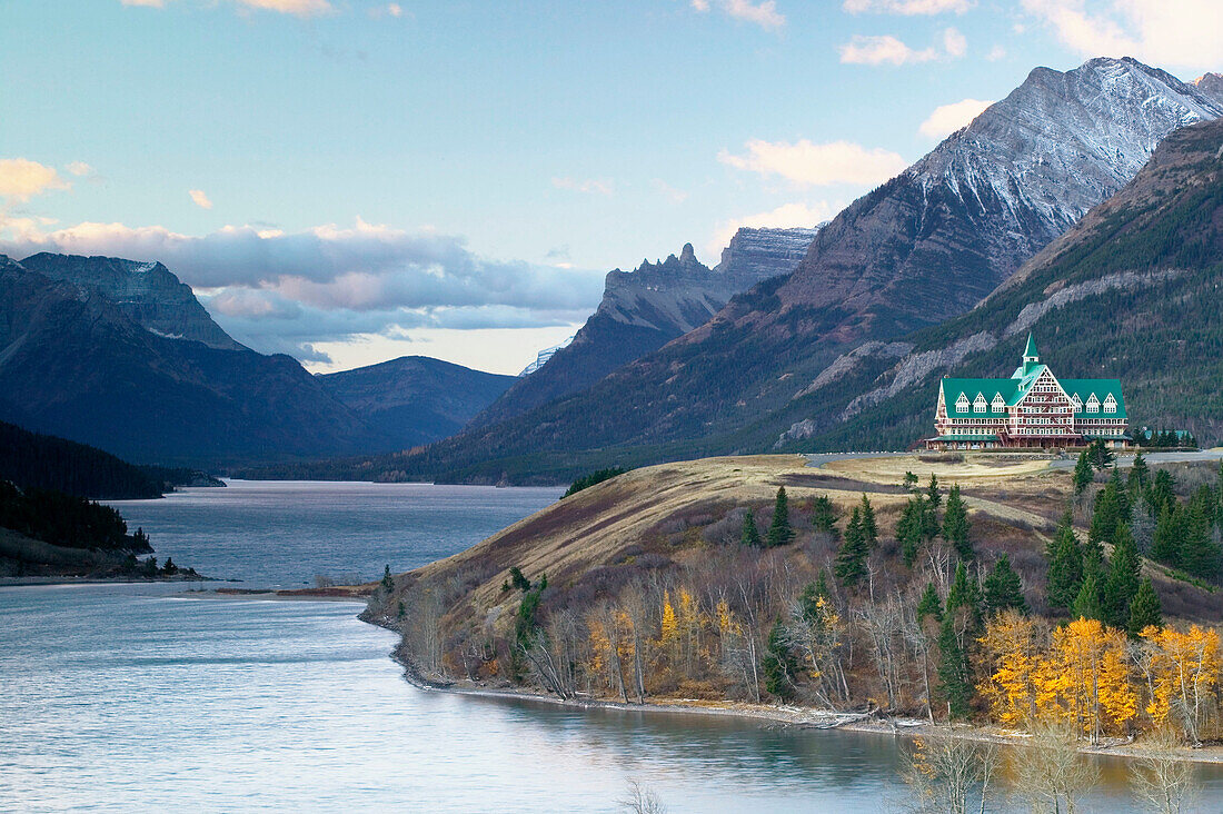 Prince of Wales hotel at dawn in autumn. Waterton Lakes National Park. Alberta, Canada