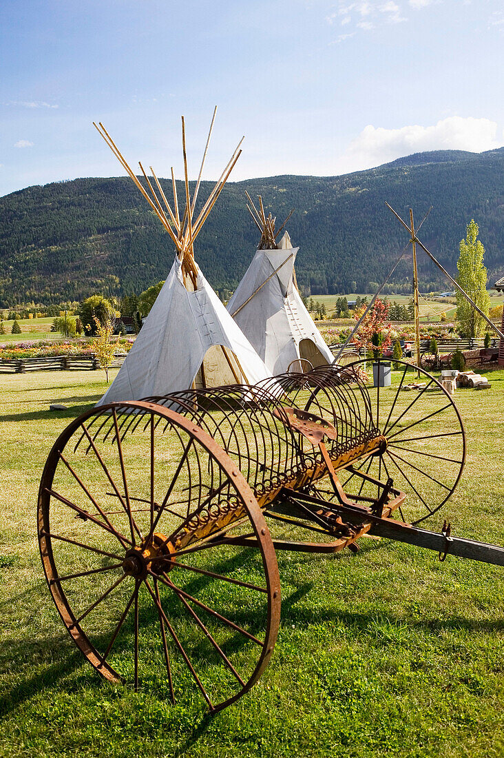 Tee-pees and antique farm equipment. Enderby. British Columbia, Canada