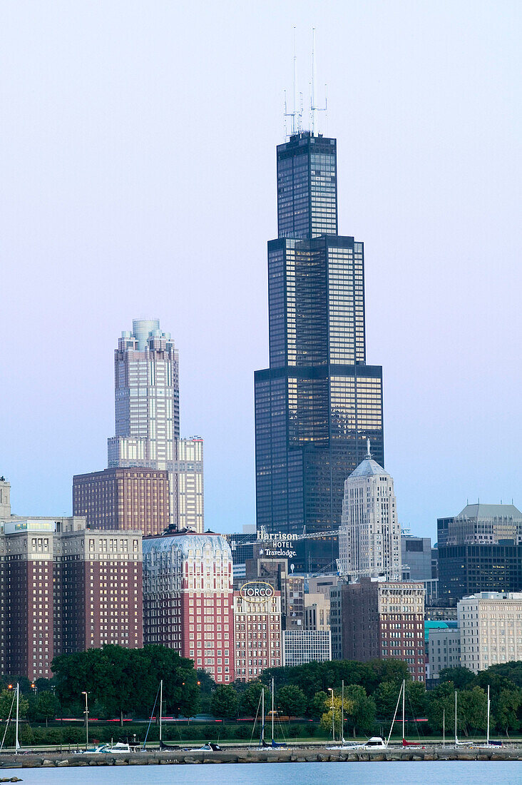 Morning view of city skyline from Adler Planetarium. Chicago. Illinois, USA