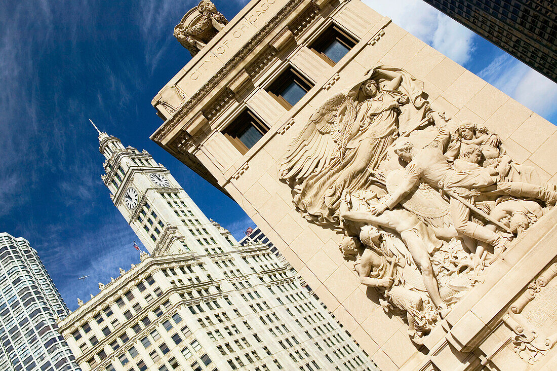 Wrigley Building and frieze on Michigan Avenue Bridge. Chicago. Illinois, USA