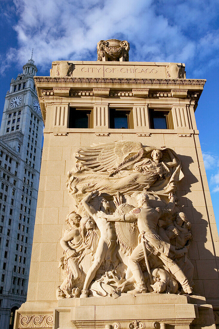 Light afternoon light on Michigan Avenue Bridge frieze. Chicago. Illinois, USA