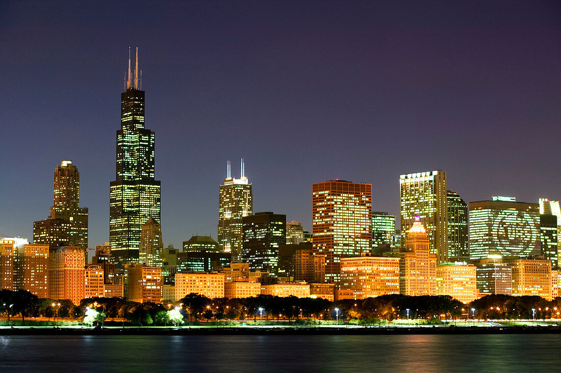 City skyline at evening from Lake Michigan. Chicago. Illinois, USA