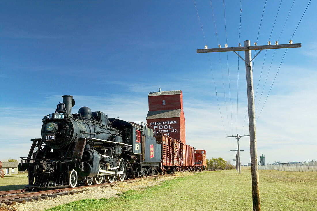 Western Development Museum and Village, steam train and grain elevator. North Battlerford. Saskatchewan, Canada