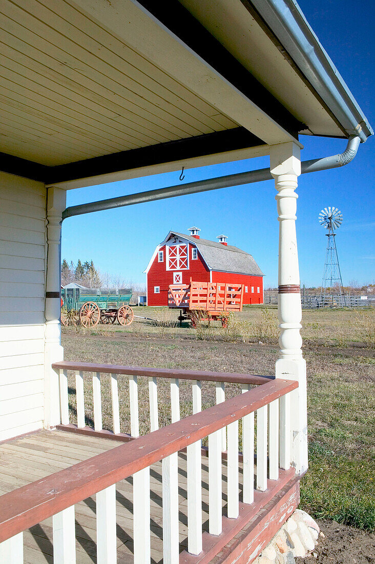 Western Development Museum and Village, red barn, porch view. North Battlerford. Saskatchewan, Canada
