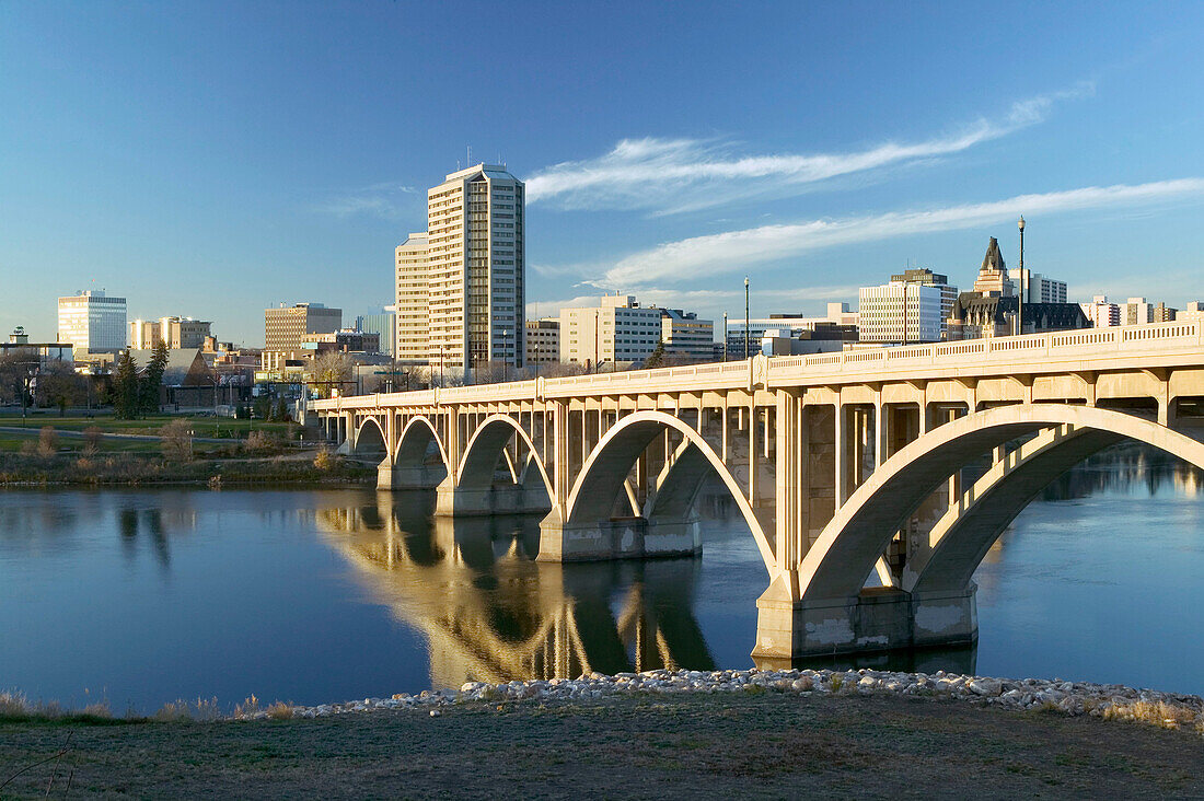 Broadway Bridge view of the city in late afternoon. Saskatoon. Saskatchewan, Canada