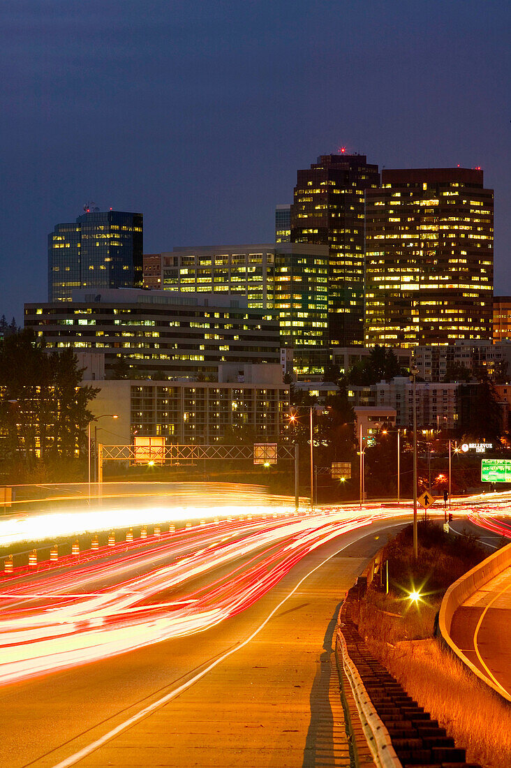 Evening view of city with rush hour traffic from Rt. 405. Bellevue. Washington. USA