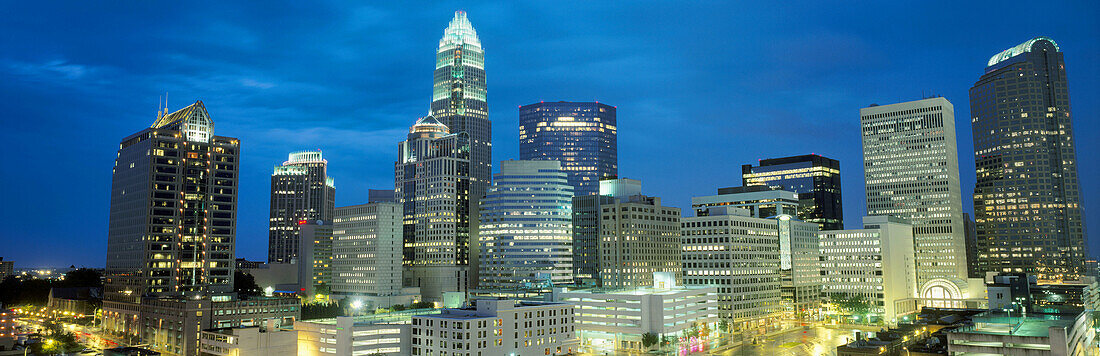 City skyline, evening from Marriott Residence INN. Charlotte. North Carolina, USA