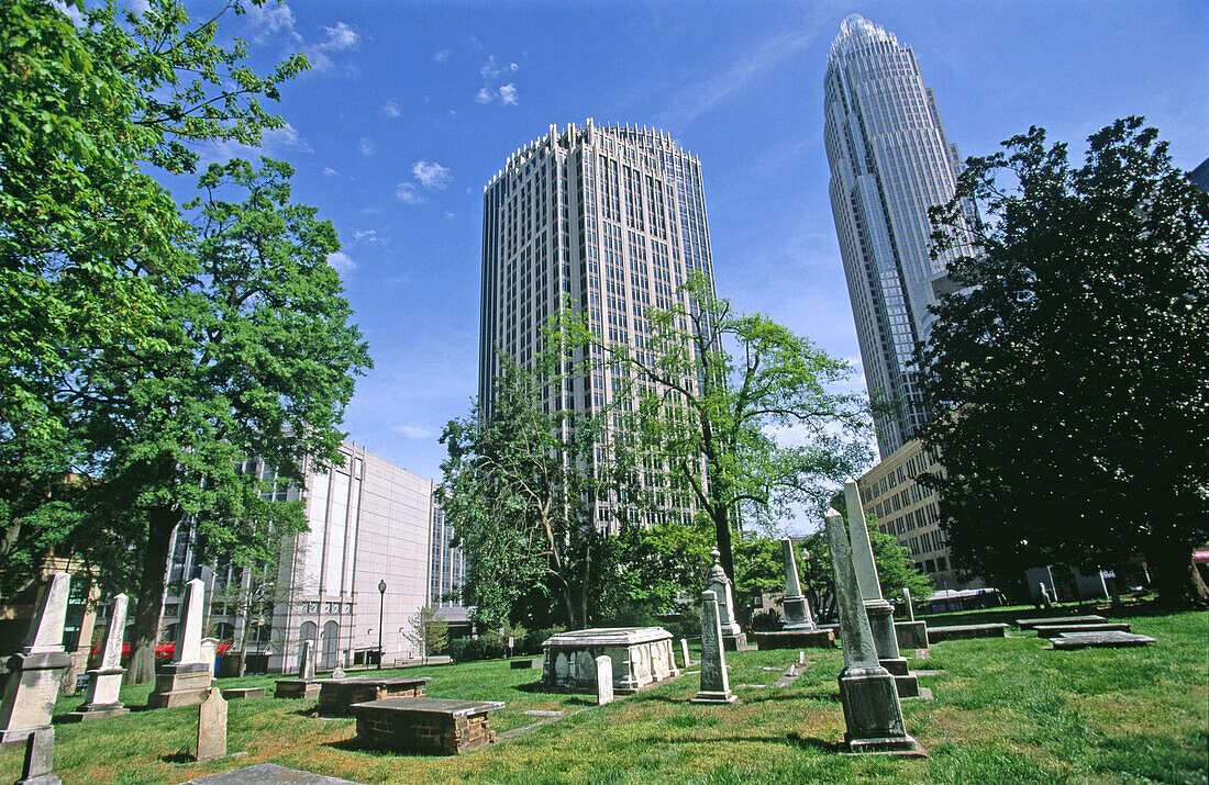 Downtown buildings from Settler s Cemetery. Charlotte. North Carolina, USA