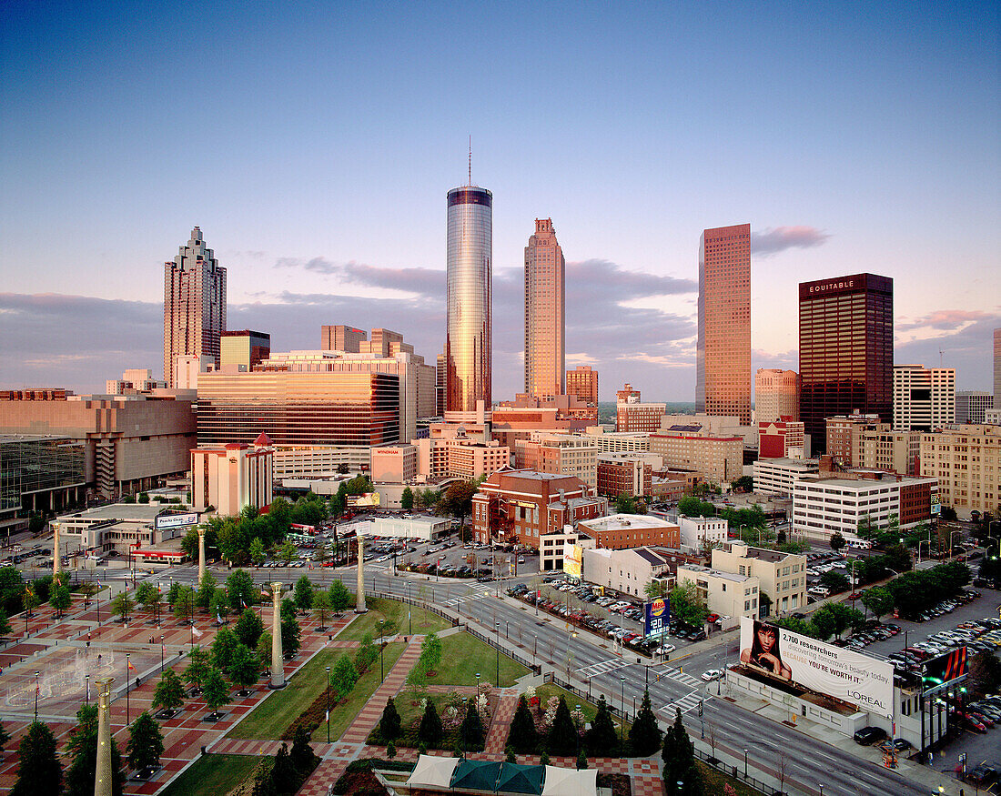 Downtown skyline at sunset from CNN center. Atlanta. Georgia, USA