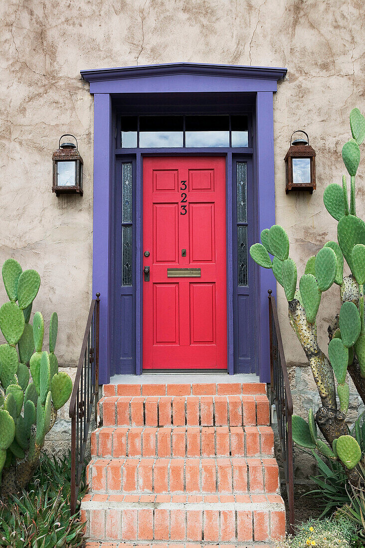 Red door and prickly pear cactus in Presidio historic district. Tucson. Arizona, USA