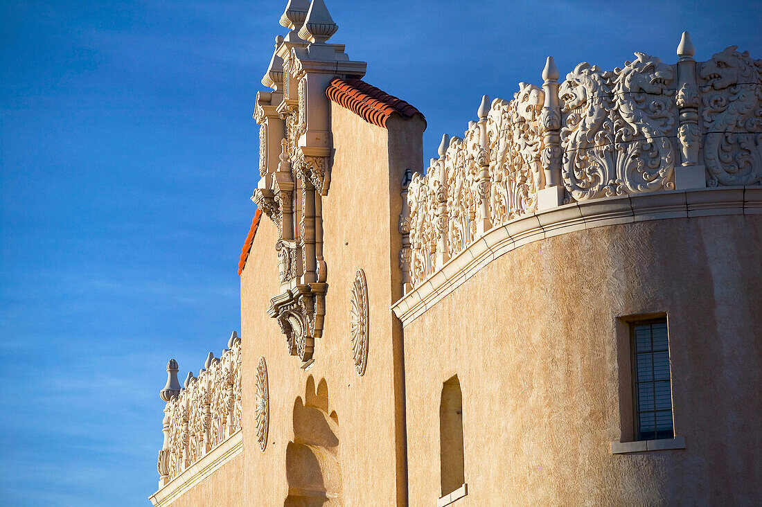 Detail on the historic Lensic Theater in downtown Santa Fe at sunset. New Mexico, USA