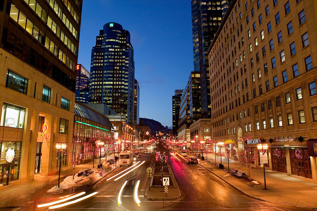 Avenue McGill College with Christmas decorations. Montreal. Quebec. Canada.