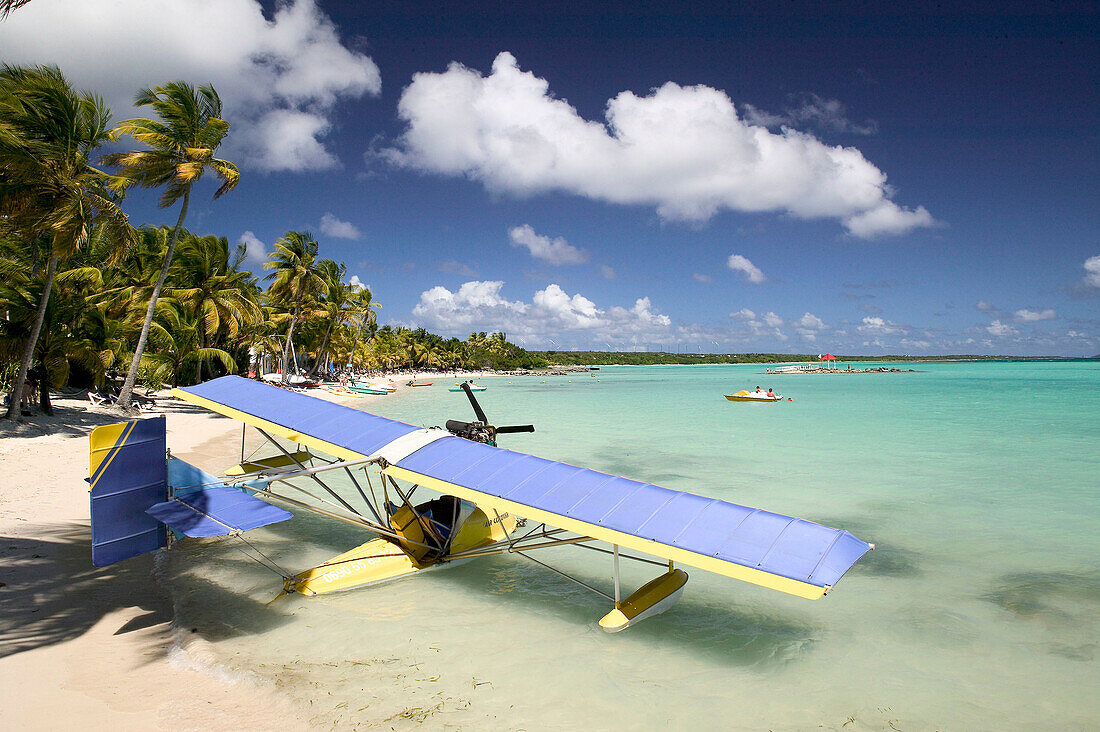 French West Indies (FWI), Guadeloupe, Grande Terre Island, Saint-François: 2nd Largest Tourist Area in Guadeloupe. Anse du Macenillier, Beach of the Kalenda Hotel Resort Saint-François with Ultralight Plane