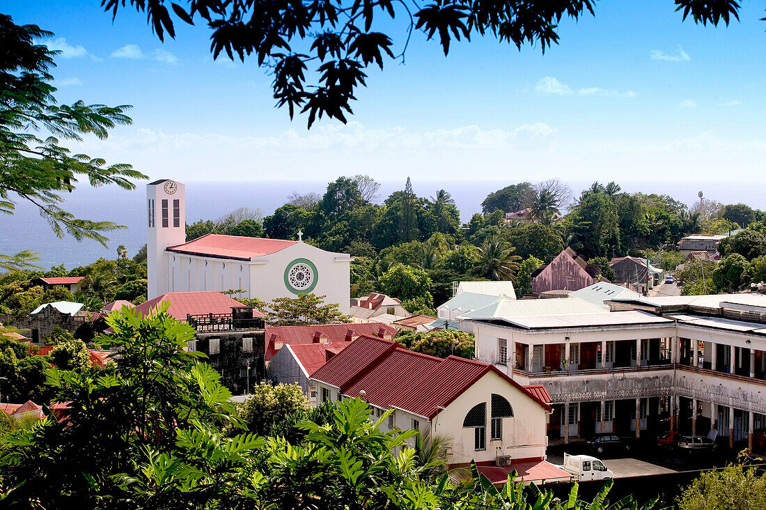 French West Indies (FWI), Guadeloupe, Basse-Terre, Trois-Rivieres: Town View with Church