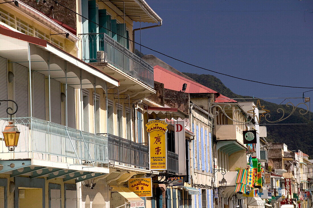 French West Indies (FWI), Guadeloupe, Basse-Terre Island , Basse-Terre prefecture: Colonial Style Buildings along Rue du Cours Nolivos