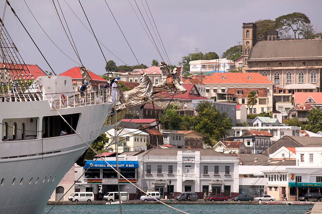 Grenada, St. George s: St. George s Harbor, The Carenage. Cruise Sailing Ship Sea Cloud 2 Docking