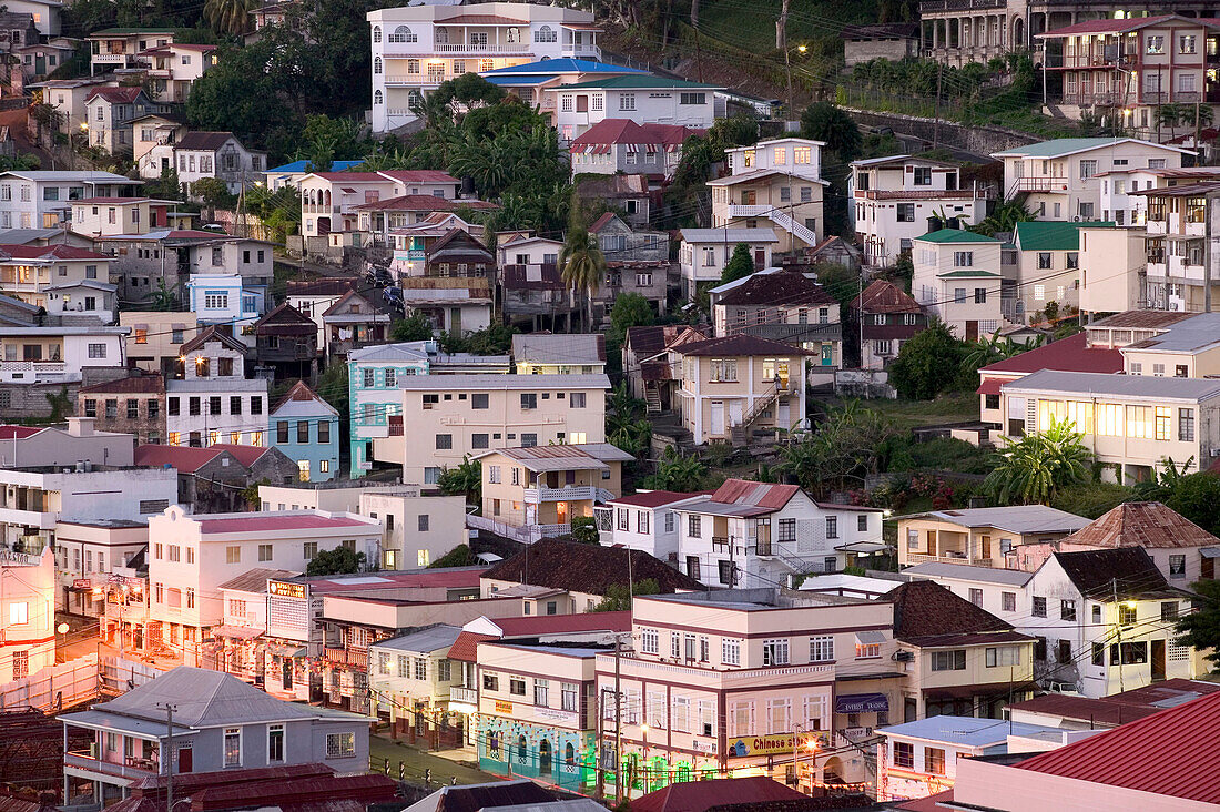 Grenada, St. George s: Houses along Grenville Street, Evening