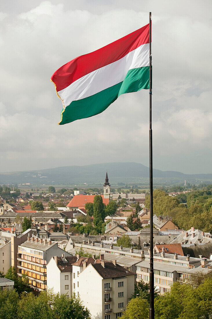 Town view and Hungarian flag. Estergom. Danube bend. Hungary. 2004