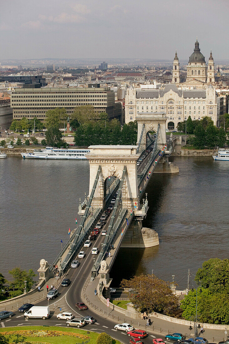 Castle Hill view of Danube River, Szechenyi (Chain) Bridge & Pest. Buda. Budapest. Hungary. 2004.