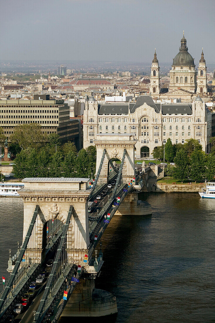 Castle Hill View of Danube River, Szechenyi (Chain) Bridge & St. Stephen s Basilica. Buda. Budapest. Hungary. 2004.