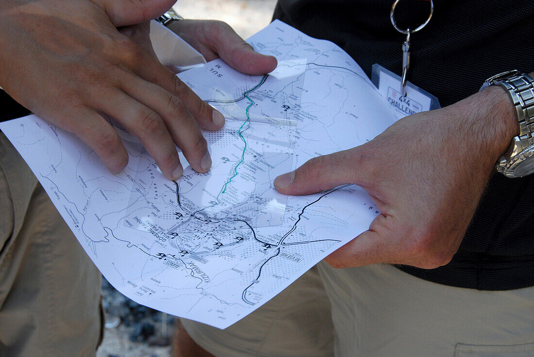 Two people looking at a map, Cappadocia, Turkey, Europe