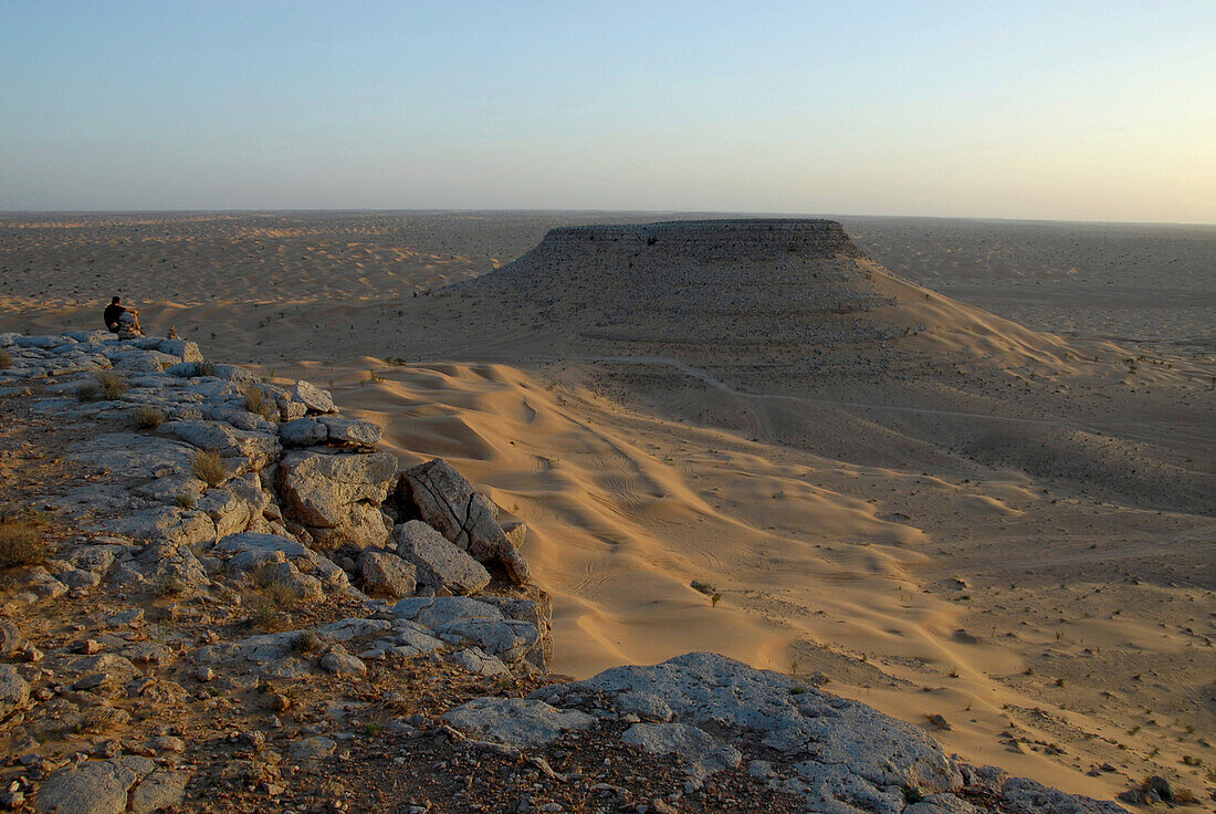 A man admiring the view of the desert landscape, Offroad Sahara Desert Tour, Bebel Tembain area, Sahara, Tunisia, Africa, mr