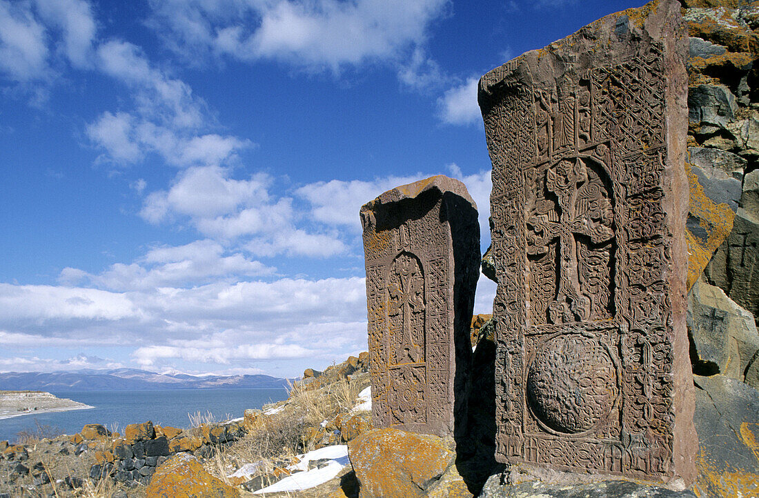 Khachkars and Lake Sevan, Hayravank. Armenia