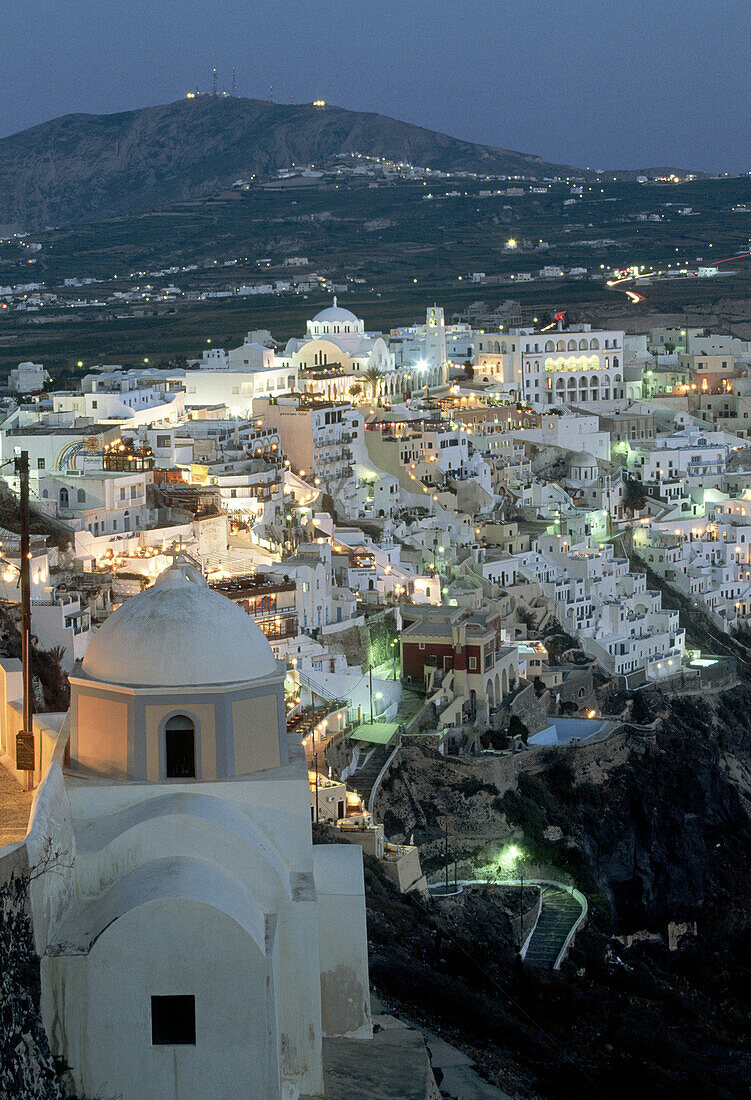  Architecture, Church, Churches, City planning, Cityscape, Cityscapes, Color, Colour, Cyclades, Dome, Domes, Europe, Exterior, Fira, Greece, House, Houses, Housing, Illuminated, Illumination, Island, Islands, Lights, Mediterranean Sea, Night, Nighttime, O