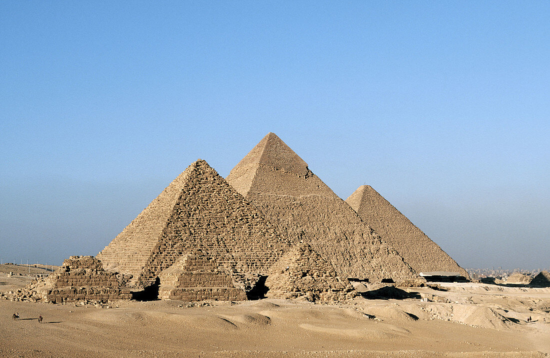 Pyramids of Khufu, Khafre and Menkaure at Giza. Egypt