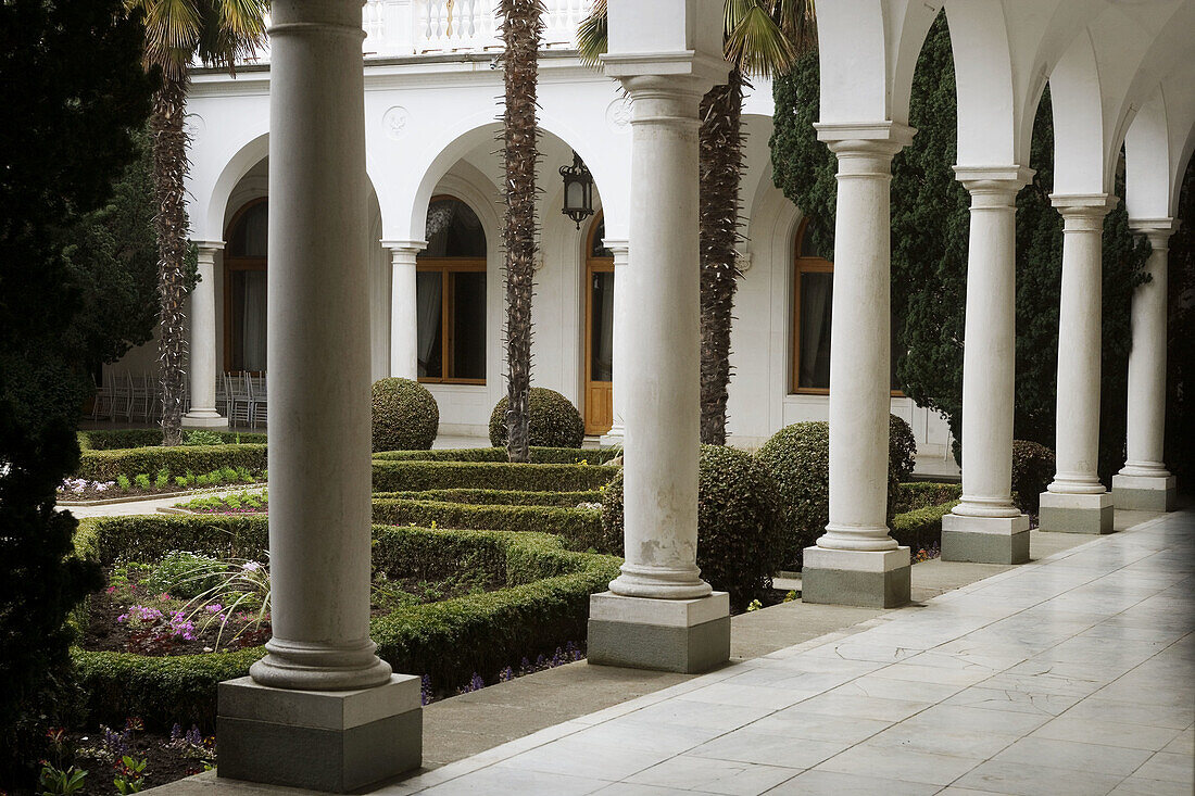 Italian courtyard of the Livadia Palace built in 1910-11 (it served as the meeting place of the Yalta Conference in 1945), Livadiya. Crimea, Ukraine
